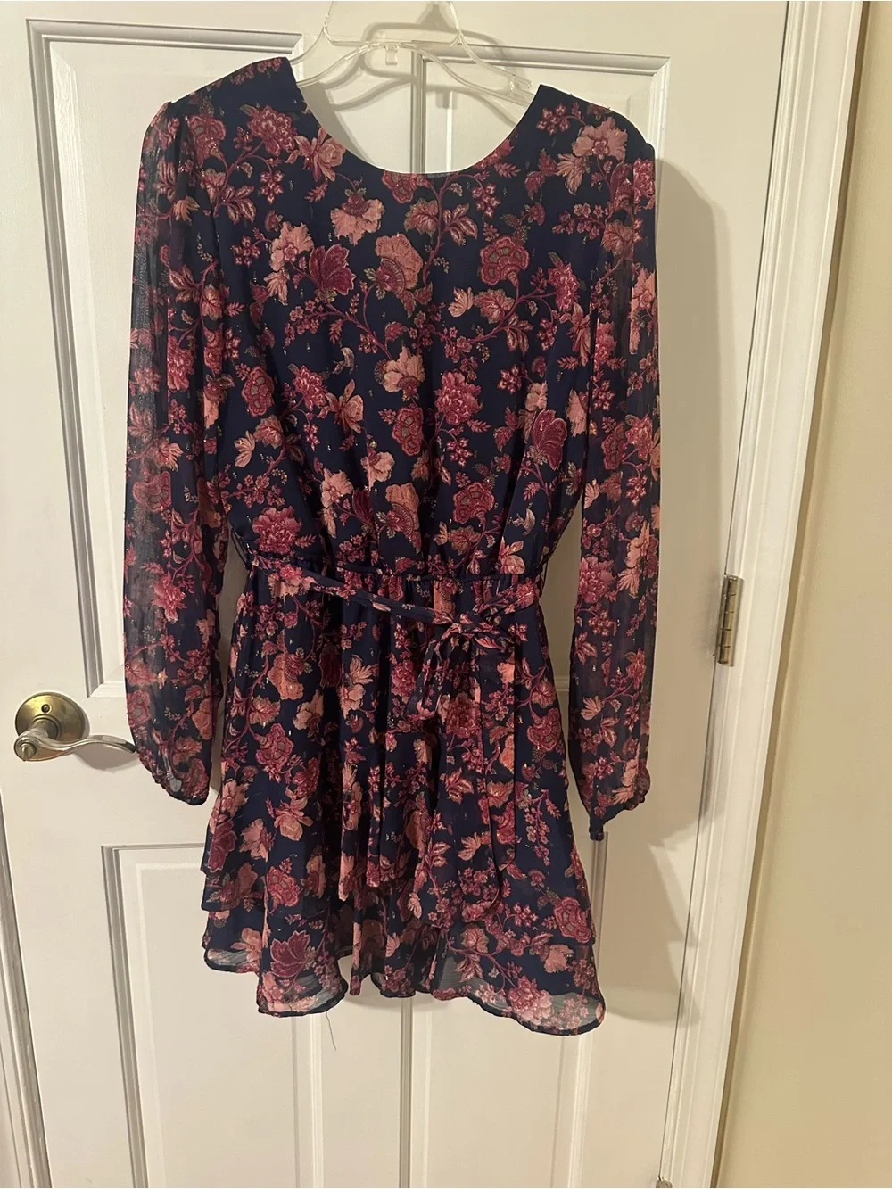 Navy Floral Long Sleeve Belted Mini Dress - Picture 1 of 4